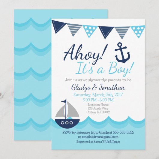 Ahoy! It’s a Boy Nautical Sailor Baby Shower Invit 招待状 (正面/裏面)