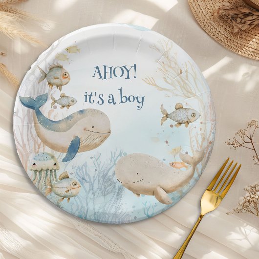 Ahoy its a Boy海ライフWhale Baby Shower ペーパープレート