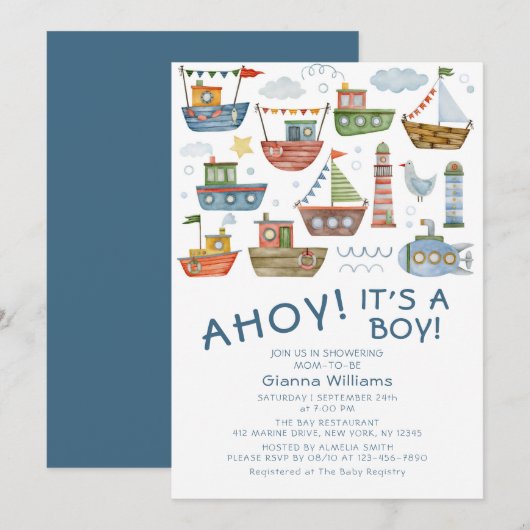 Ahoy Its A Boy ナウティカルベイビーシャワー 招待状 (正面/裏面)