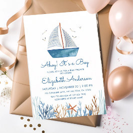 Ahoy It's a Boy 帆船 ナウティカルベイビーシャワー 招待状