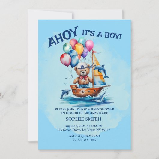 Ahoy Its A Boy 航海のテーマベビーシャワー 招待状 (正面)