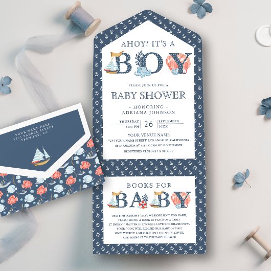 Ahoy It's a Boy 航海の Baby Shower オールインワン招待状