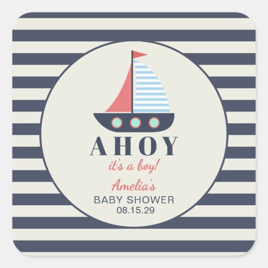 Ahoy It's a Boy 航海の Baby Shower スクエアシール (正面)