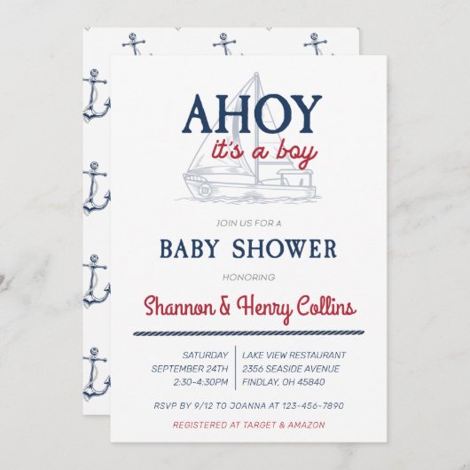 Ahoy It's a Boy 航海の Baby Shower 招待状 (正面/裏面)