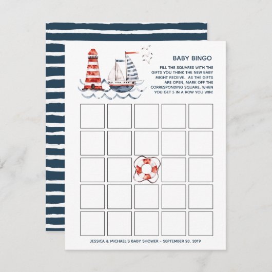 Ahoy It's A Boy 航海の Baby Shower Bingo 招待状 (正面/裏面)