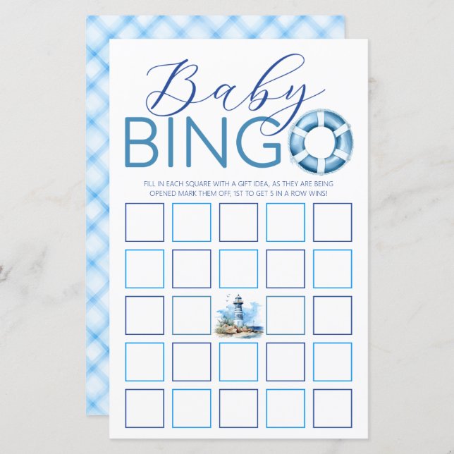 Ahoy It's a Boy 航海の Baby Shower Bingo Game (正面/裏面)
