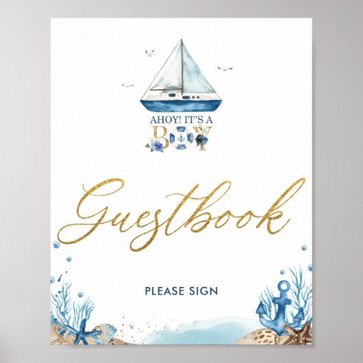 Ahoy It's a Boy 航海の Baby Shower Guestbook ポスター (正面)