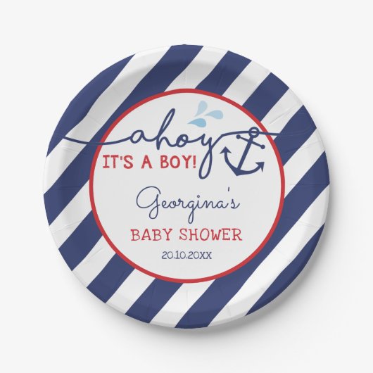 Ahoy It's a Boy 航海の Baby Shower Navy Red ペーパープレート (正面)