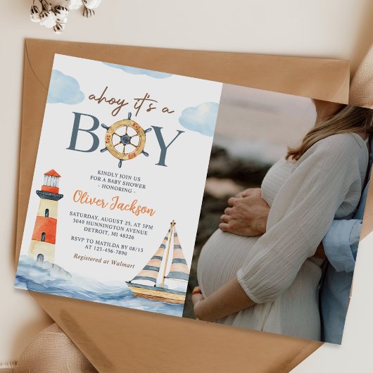 Ahoy It's a Boy 航海の Baby Shower Photo 招待状