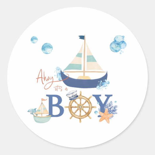 Ahoy It's a Boy 航海の Baby Shower Stickers ラウンドシール (正面)