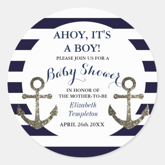 Ahoy It's a Boy 航海の Baby Shower Stickers ラウンドシール (正面)
