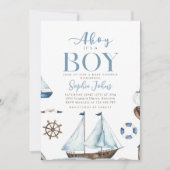 Ahoy It's A Boy 航海の Blue Boat baby shower 招待状 (正面)