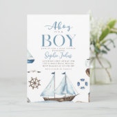 Ahoy It's A Boy 航海の Blue Boat baby shower 招待状 (スタンド正面)