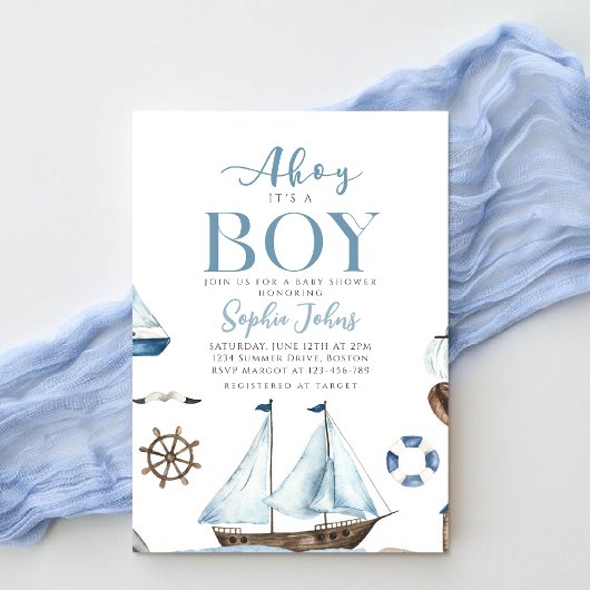 Ahoy It's A Boy 航海の Blue Boat baby shower 招待状