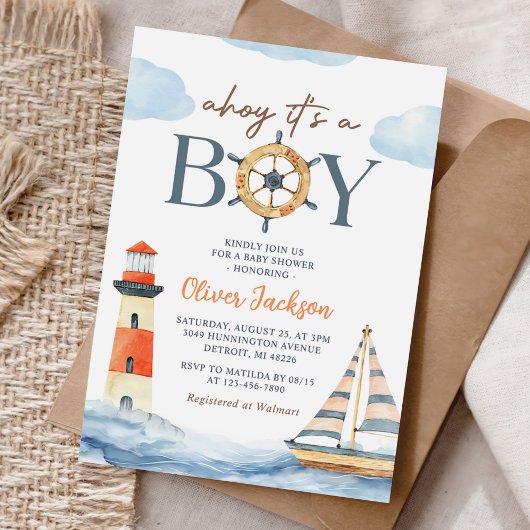 Ahoy It's a Boy 航海の Blue Boy Baby Shower 招待状