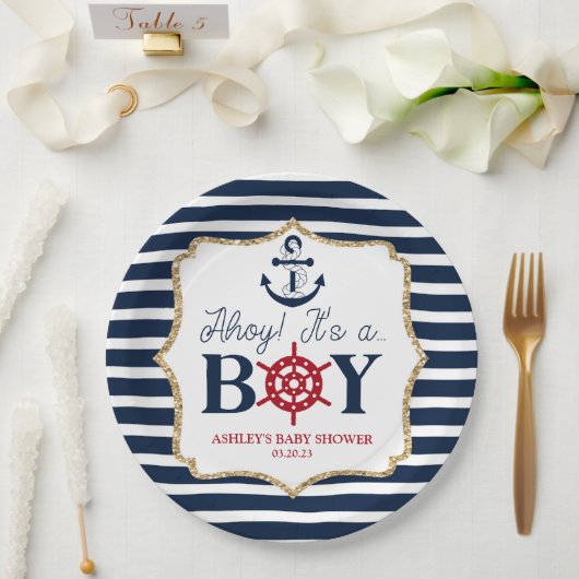 Ahoy It's A Boy 航海の Navy Blue Baby Shower ペーパープレート (ウェディング)
