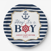 Ahoy It's A Boy 航海の Navy Blue Baby Shower ペーパープレート (正面)
