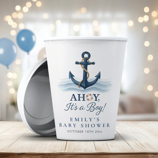 Ahoy It's A Boy 航海の Navy Blue Baby Shower 紙コップ