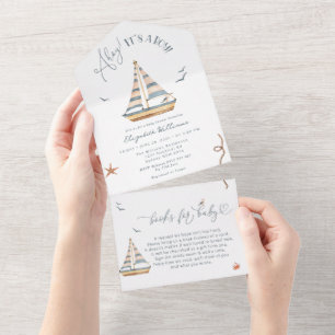 Ahoy It's A Boy 航海の Sailboat Baby Shower オールインワン招待状