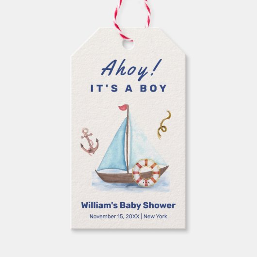 Ahoy It's A Boy 航海の Sailboat Baby Shower ギフトタグ (正面)