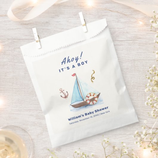 Ahoy It's A Boy 航海の Sailboat Baby Shower フェイバーバッグ (クリップ留めされた状態)