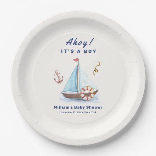 Ahoy It's A Boy 航海の Sailboat Baby Shower ペーパープレート (正面)