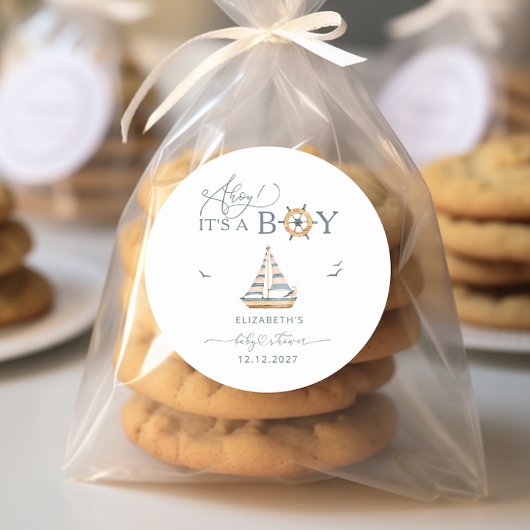 Ahoy It's a Boy 航海の Sailboat Baby Shower ラウンドシール