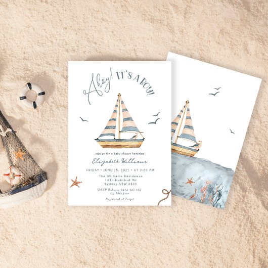 Ahoy It's A Boy 航海の Sailboat Baby Shower 招待状