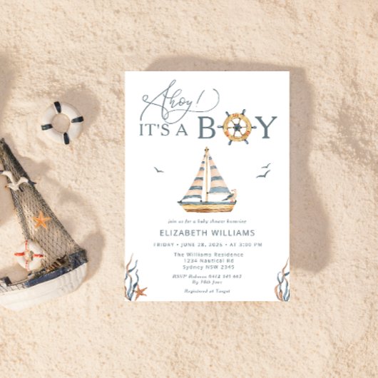 Ahoy It's A Boy 航海の Sailboat Baby Shower 招待状