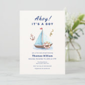 Ahoy It's A Boy 航海の Sailboat Baby Shower 招待状 (スタンド正面)