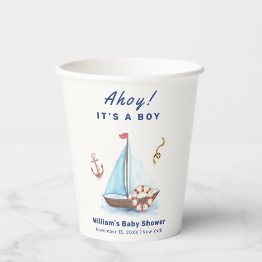 Ahoy It's A Boy 航海の Sailboat Baby Shower 紙コップ (正面)