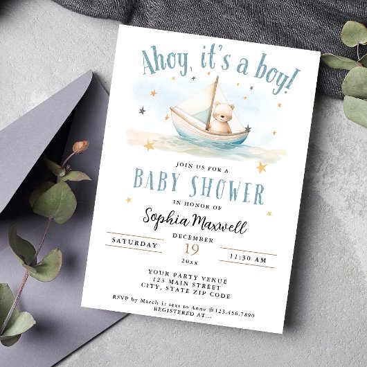 Ahoy It's a Boy 航海の Sailboat Bear Baby Shower 招待状