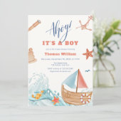 Ahoy It's A Boy Adventure Sailboat Baby Shower 招待状 (スタンド正面)