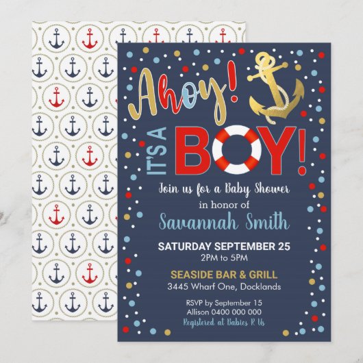 Ahoy it's a Boy Baby Shower招待状 招待状 (正面/裏面)