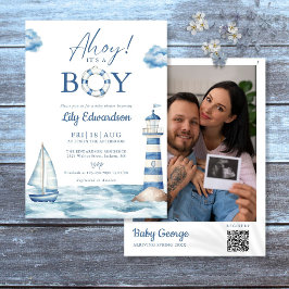 Ahoy Its A Boy Baby Shower Photo QR Code 招待状
