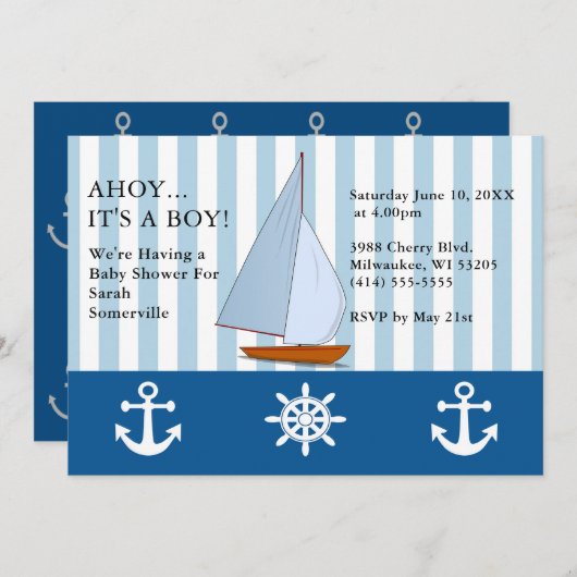 Ahoy It's a Boy Baby Shower Sailing Sepia Blue 招待状 (正面/裏面)