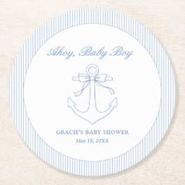 Ahoy It's a Boy Baby Shower Simple Nautical ラウンドペーパーコースター