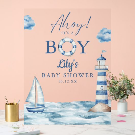 Ahoy Its A Boy Baby Shower Welcome アクリルサイン (ウェディング)