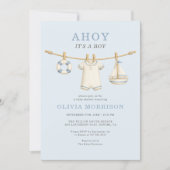Ahoy It's a Boy Blue Clothesline Baby Shower 招待状 (正面)