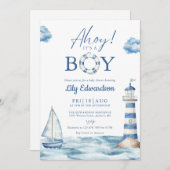 Ahoy Its A Boy Blue Nautical Baby Shower 招待状 (正面/裏面)