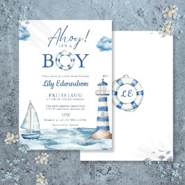 Ahoy Its A Boy Blue Nautical Baby Shower 招待状