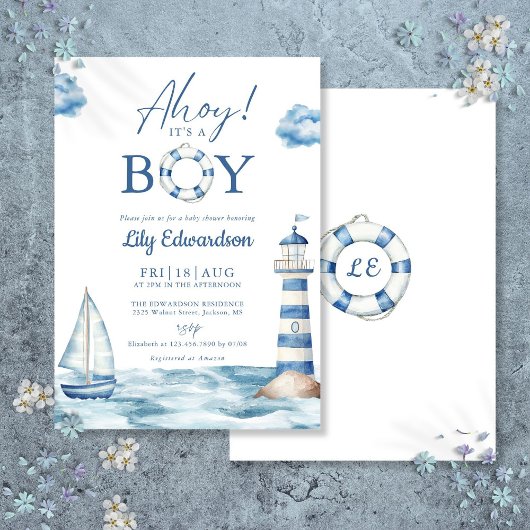 Ahoy Its A Boy Blue Nautical Baby Shower 招待状