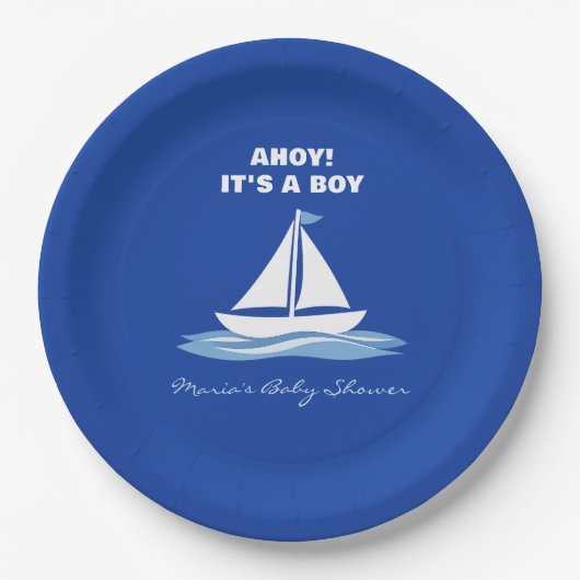 Ahoy It's a Boy! Blue Nautical Boat Baby Shower ペーパープレート (正面)