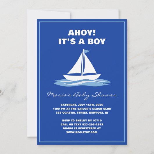 Ahoy It's a Boy! Blue Nautical Boat Baby Shower  招待状 (正面)