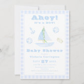 Ahoy It's a Boy Blue Plaid モダン Baby Shower 招待状 (正面)