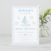 Ahoy It's a Boy Blue Plaid モダン Baby Shower 招待状 (スタンド正面)