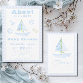 Ahoy It's a Boy Blue Plaid モダン Baby Shower 招待状