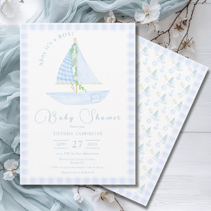 Ahoy It's a Boy Blue Plaid モダン Baby Shower 招待状