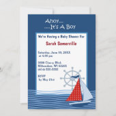 Ahoy It's a Boy Blue Sailboat Baby Shower 招待状 (正面)