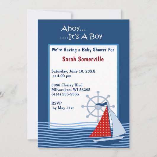 Ahoy It's a Boy Blue Sailboat Baby Shower 招待状 (正面)